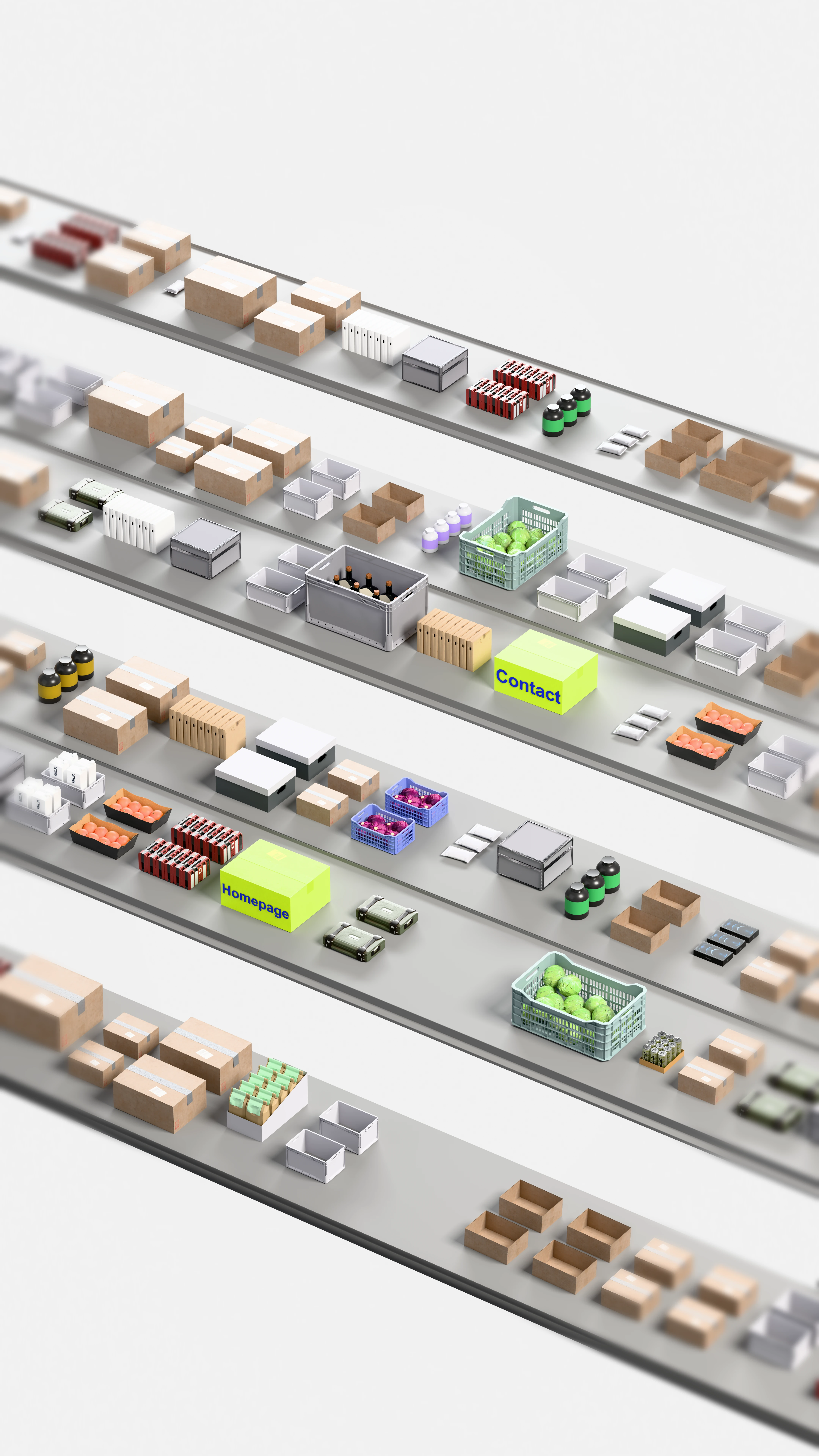 The rack at the end of the run, with two lime boxes: Contact, and Homepage